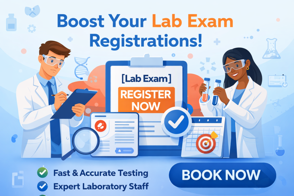Lab exam marketing banner with scientists, test tubes, and “Register Now” call-to-action for fast and accurate laboratory testing services.
